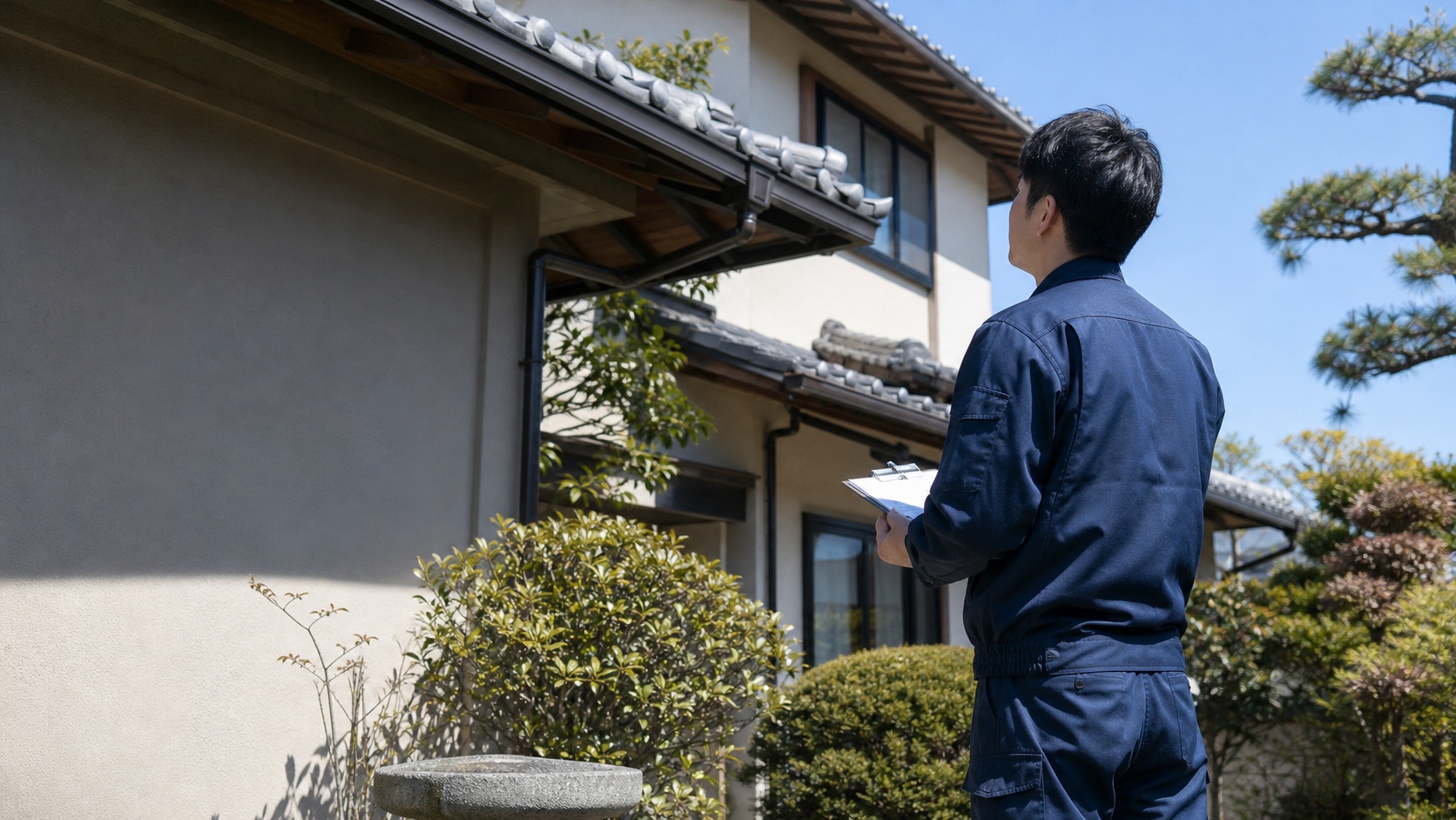 住まいの外観を調査する屋船工務店のスタッフ