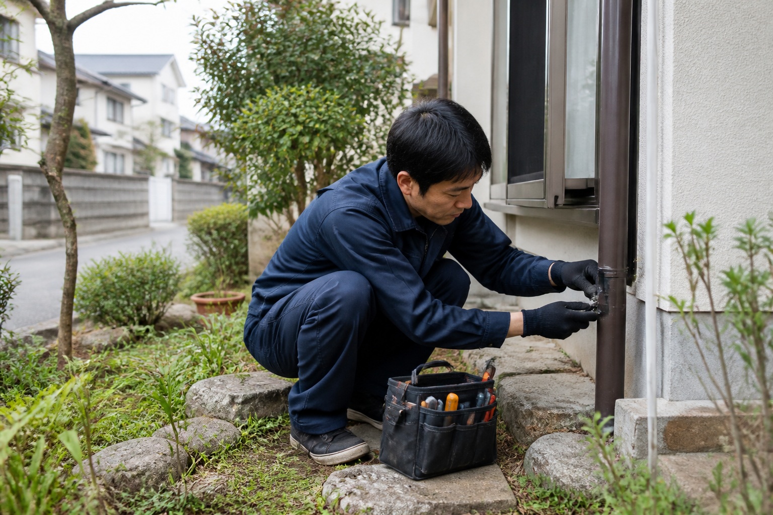 庭先で小さな補修に対応する職人
