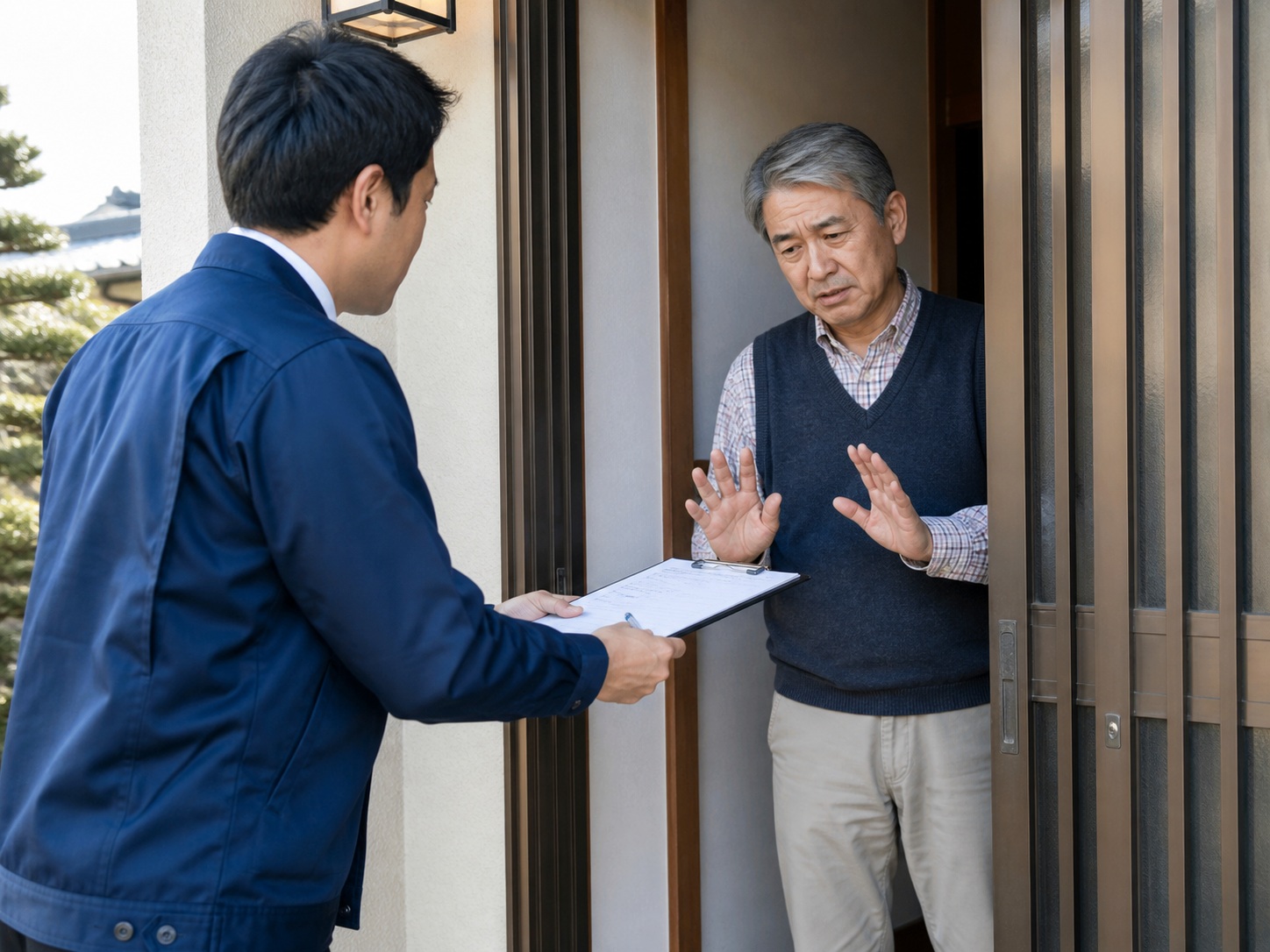 訪問業者に契約を急かされて困る様子
