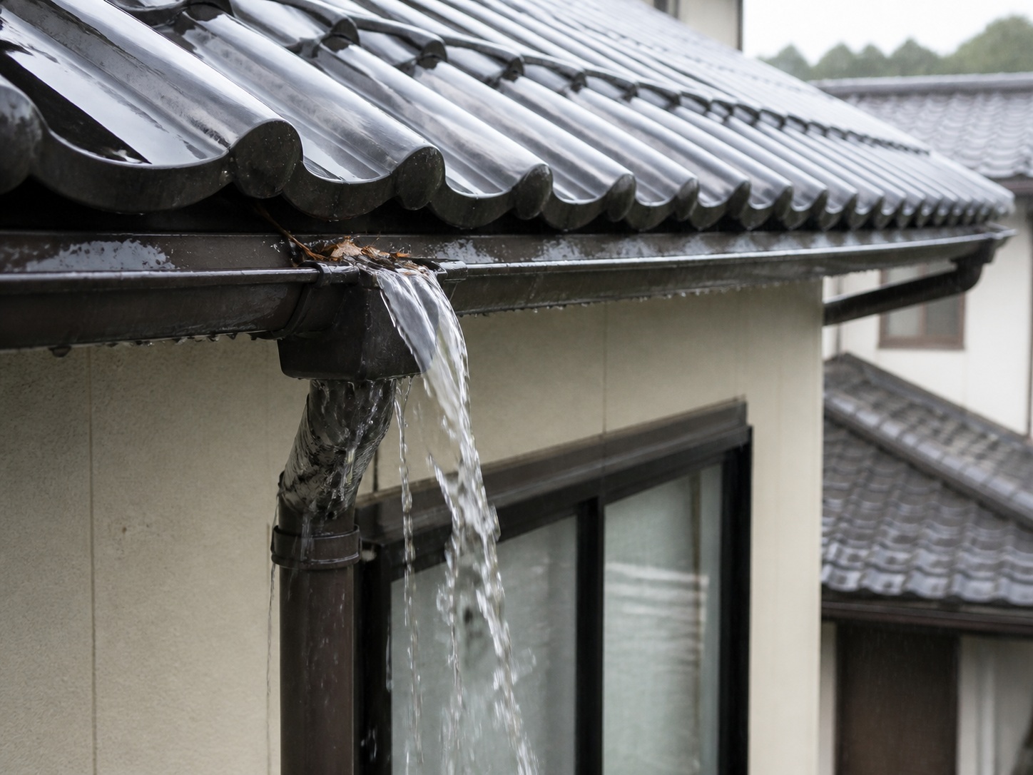 雨樋から水があふれる様子