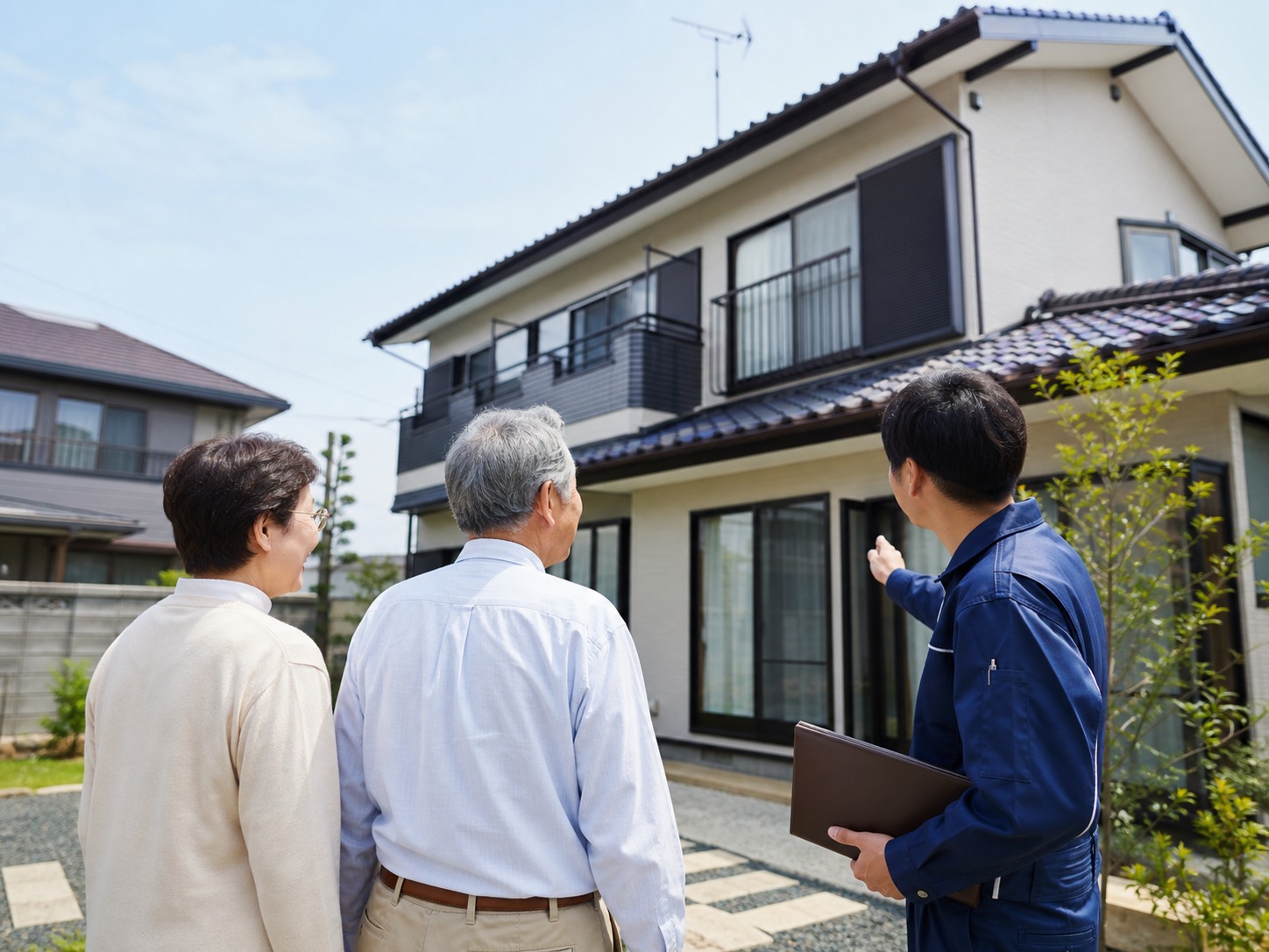 住まいの前で担当者と話すご夫婦