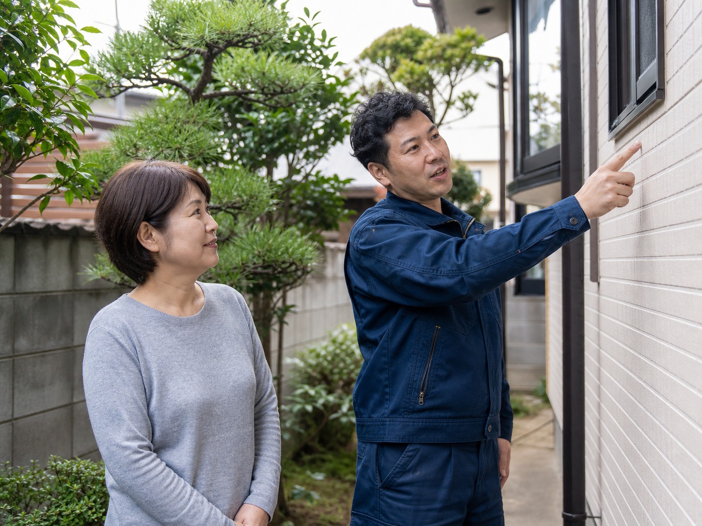 施工後の住まいを眺めるお客様